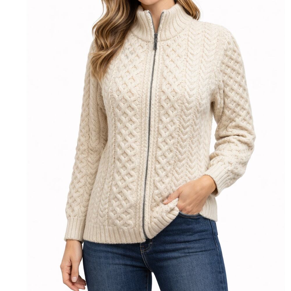 Inis Crafts Fishermens Sweater Womens Medium Cream Cable Knit Merino Wool Zip